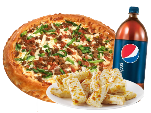 large pizza with pop and garlic fingers